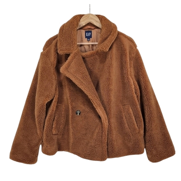 GAP Teddy Jacket Womens Sz Large Brown Sherpa Oversized Warm Cozy Winter - Picture 1 of 8